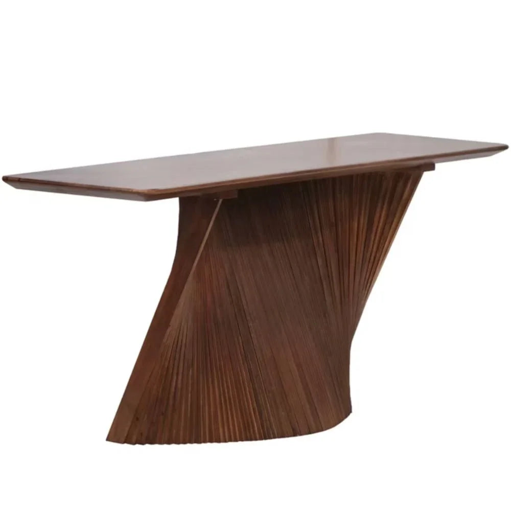 Modern brown wood dining table with a sculptural fluted pedestal base.