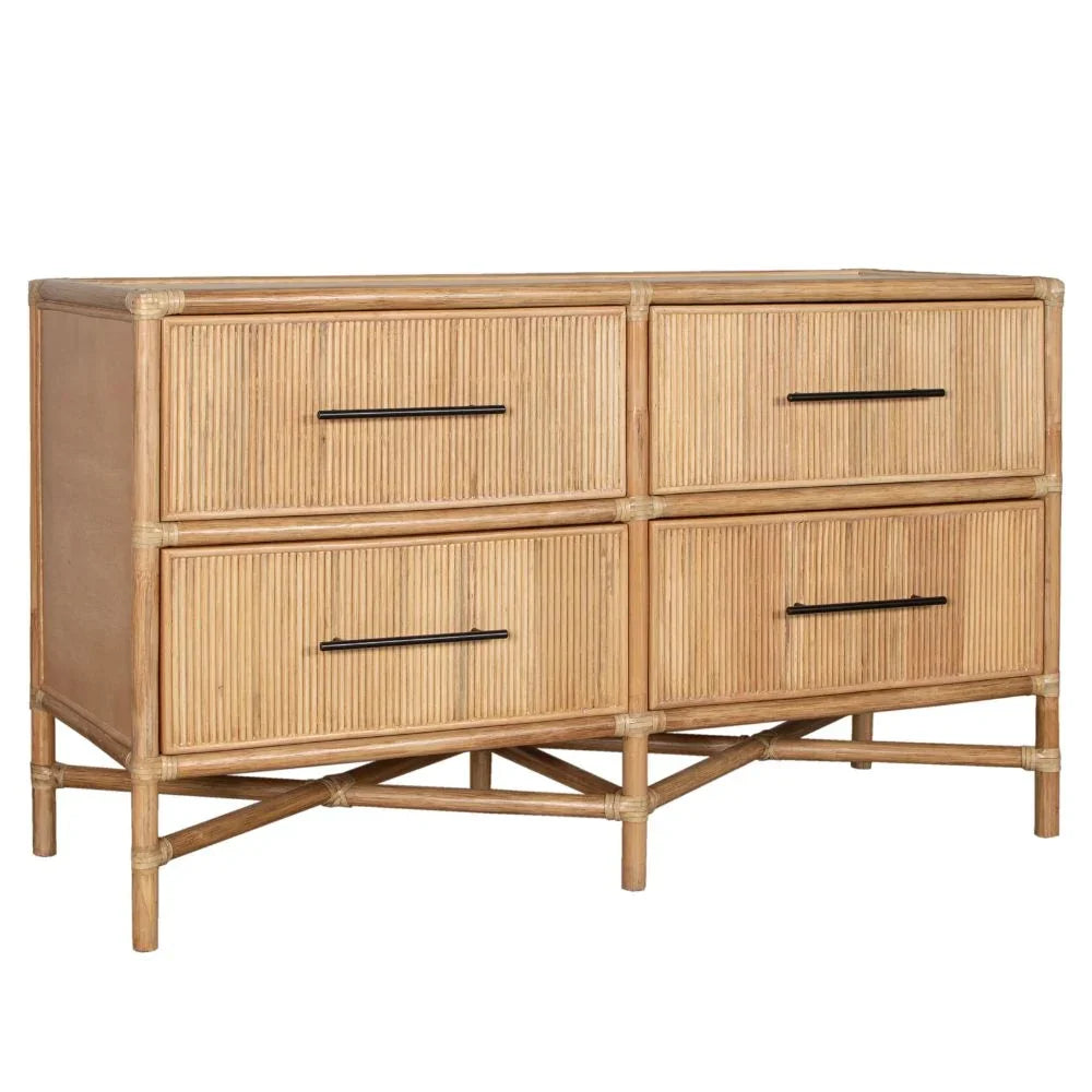 Natural boho rattan 4-drawer dresser with black handles in light wood finish