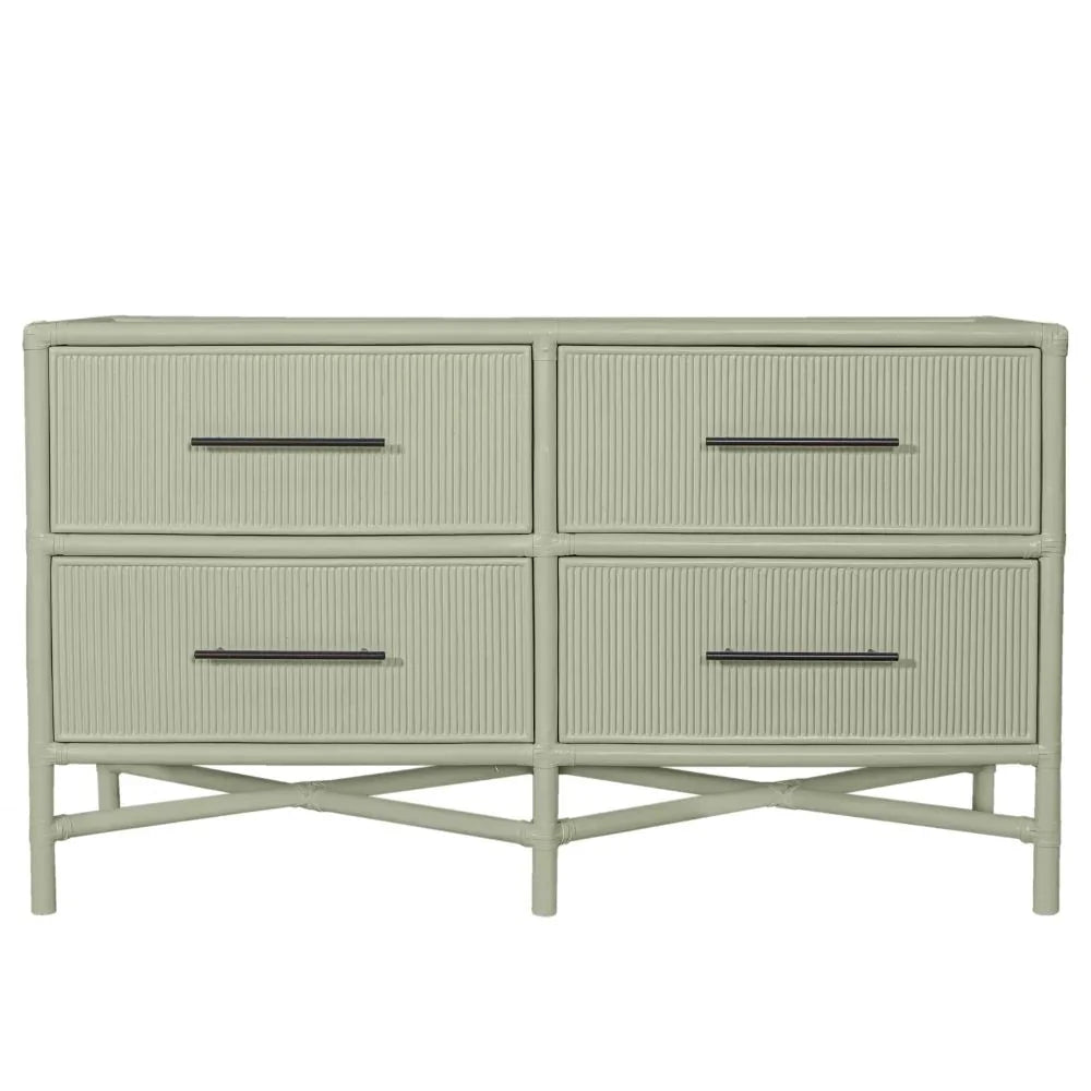 Sage green coastal style 4-drawer dresser with ribbed texture and X-base legs.