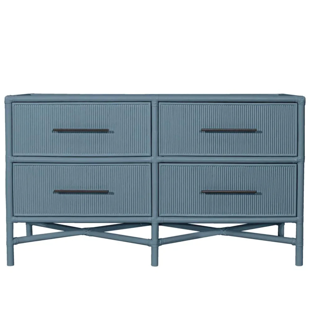 Blue coastal style 4-drawer dresser with ribbed detailing and cross-base.
