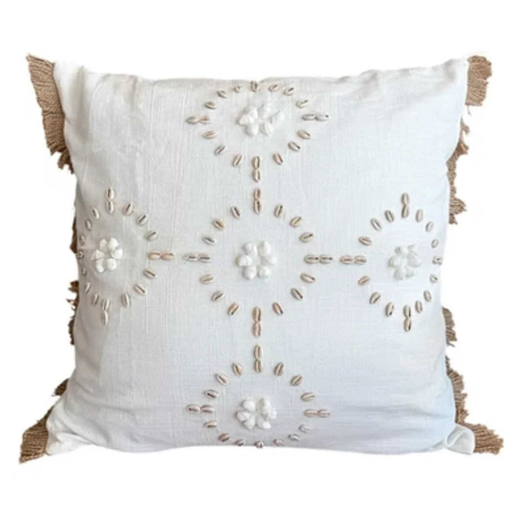 Seashell Accent White Linen Pillow