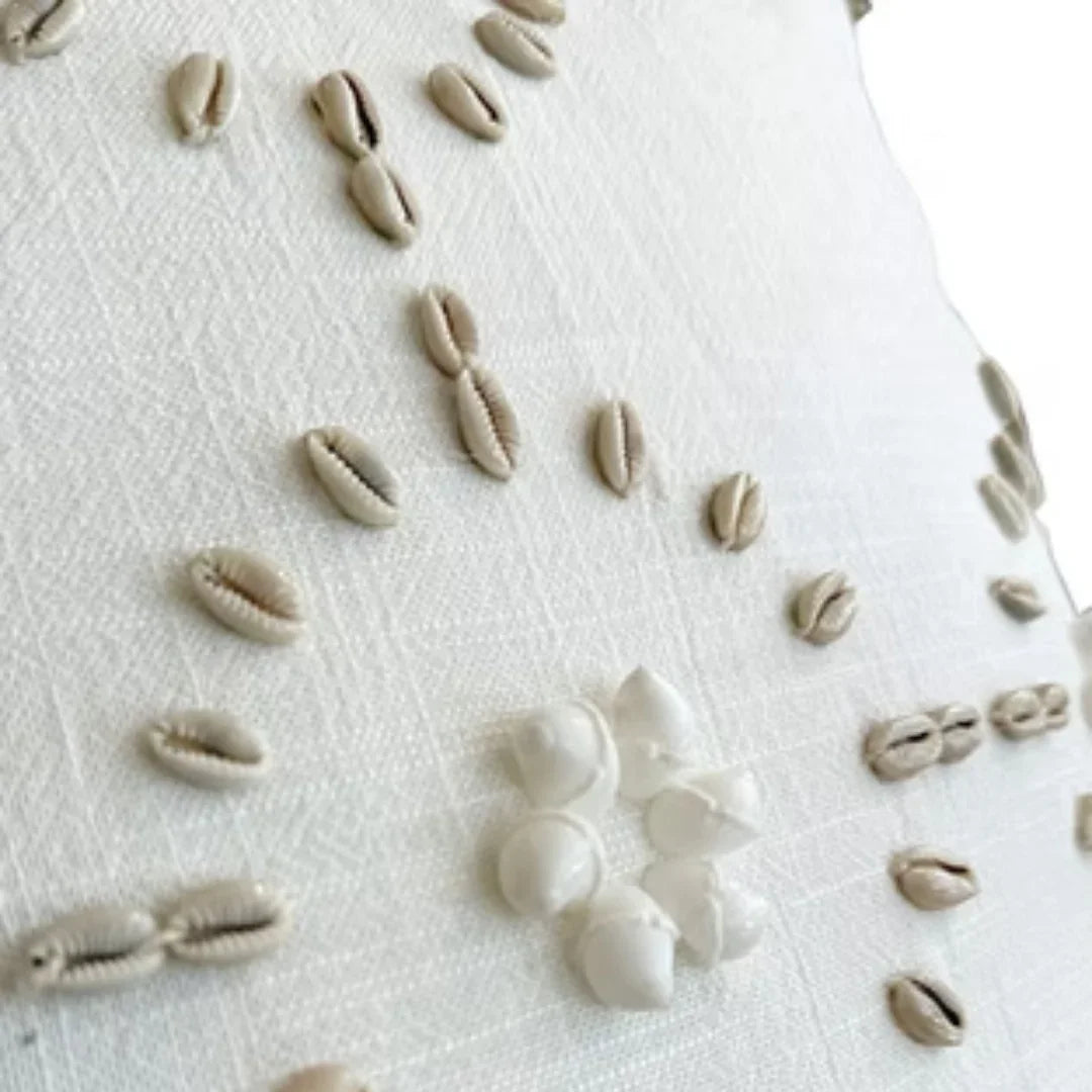 Seashell Accent White Linen Pillow