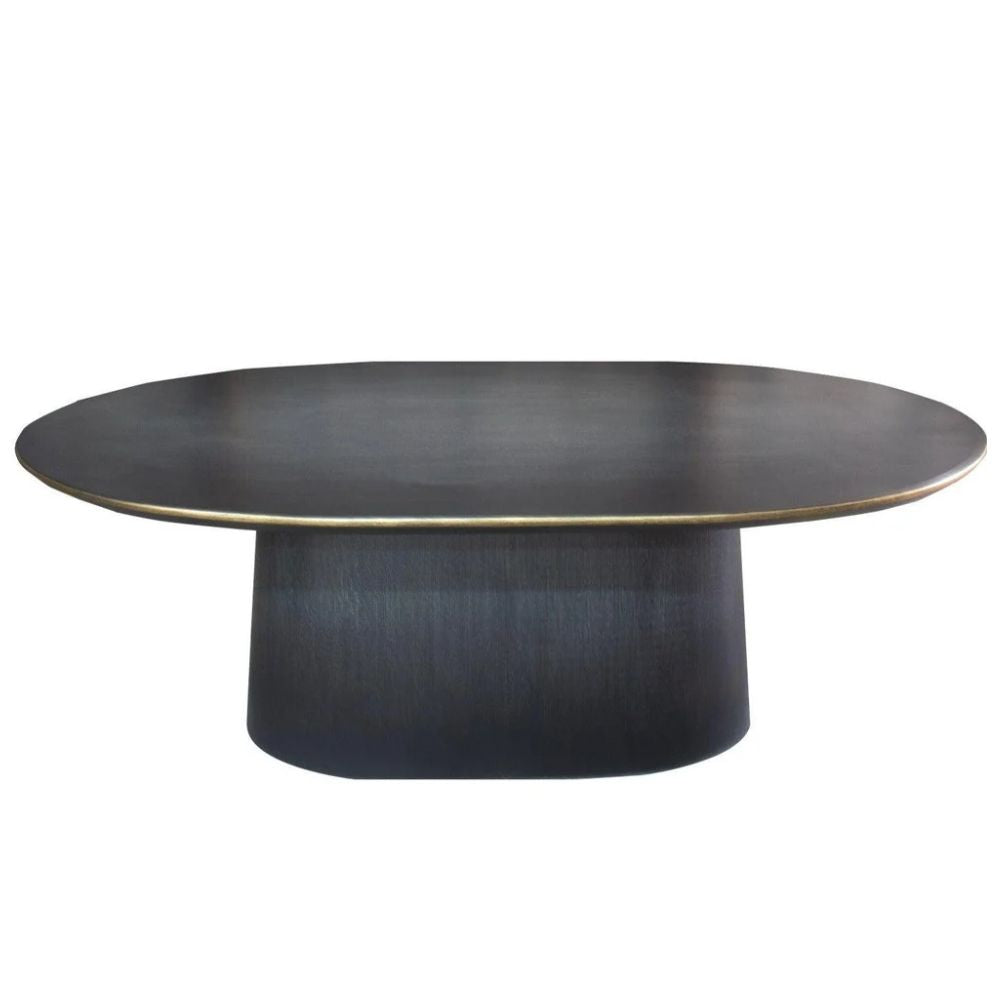 Modern oval black coffee table with gold rim and pedestal base