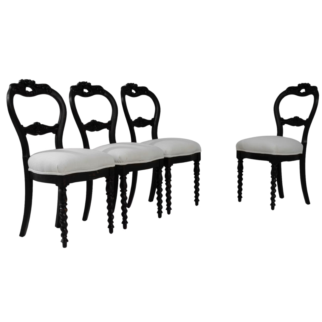 Black Victorian Cameo-Back Chairs, Set of 4, Circa 1910