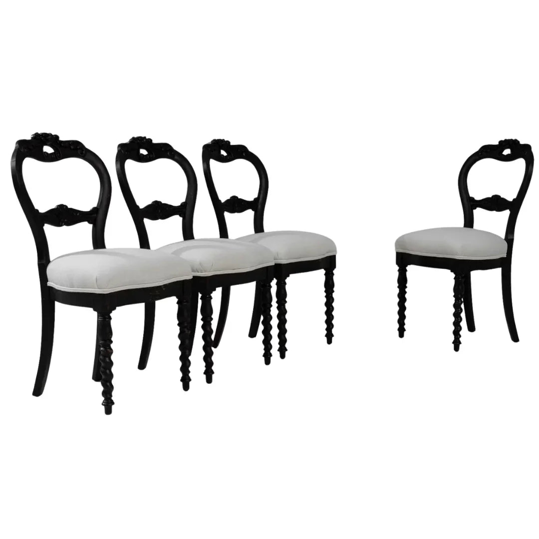 Black Victorian Cameo-Back Chairs, Set of 4, Circa 1910