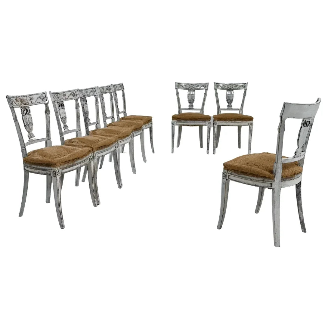White French Gustavian Dining Chairs, Set of 8, Circa 1920