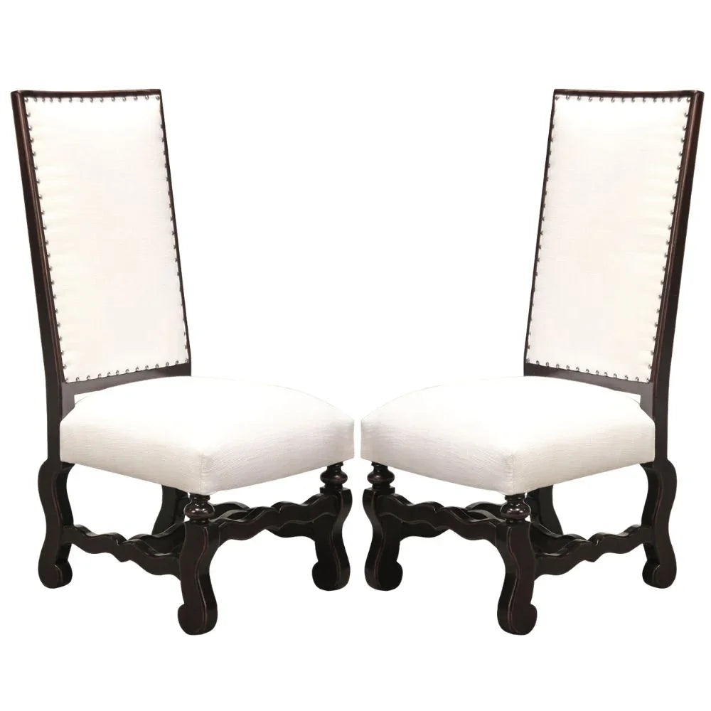 Elegant French country dining chairs with white upholstery, dark wood frame, and nailhead trim