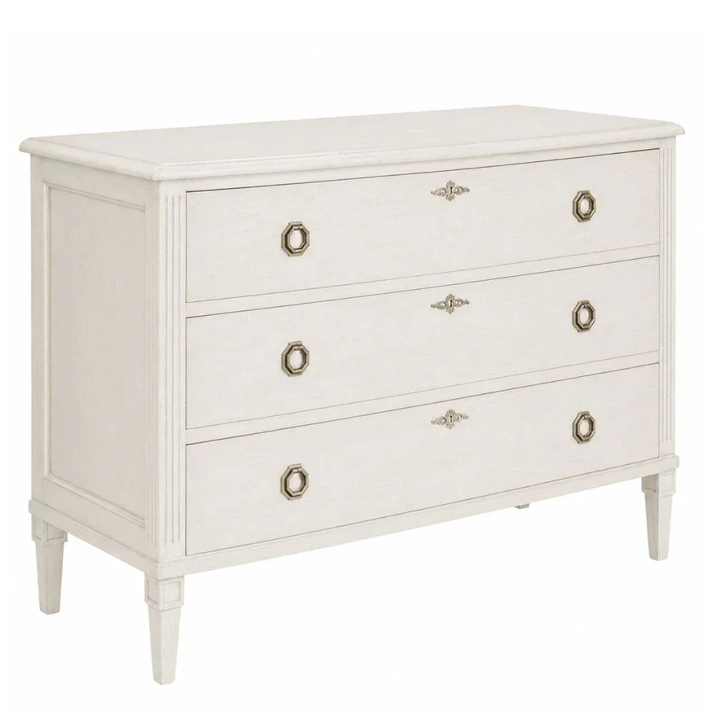 Elegant white shabby chic dresser with ornate hardware and tapered legs