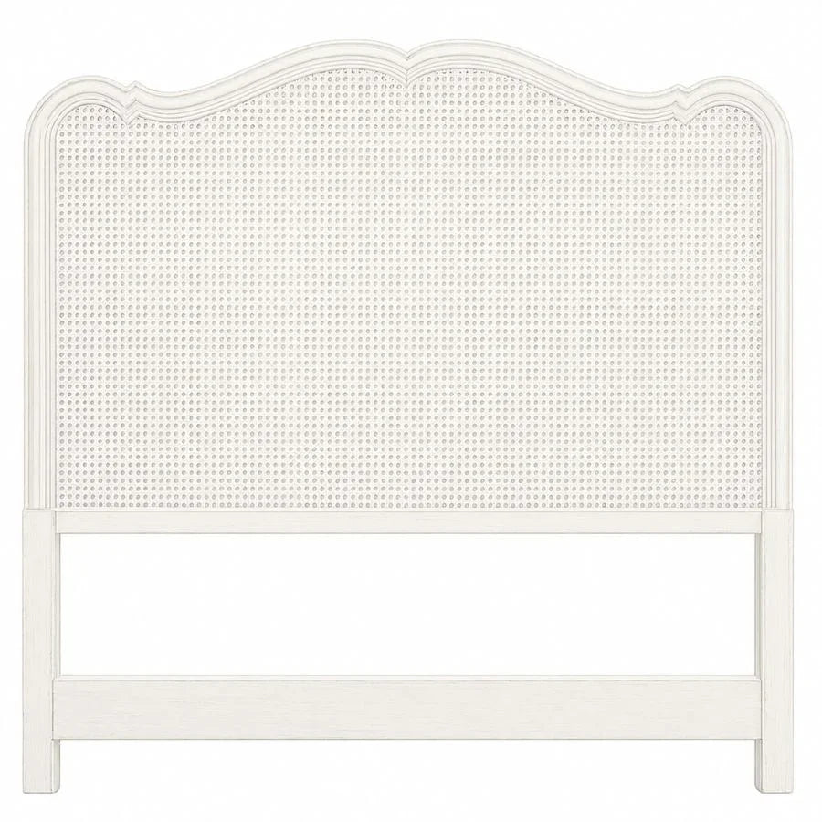 White French country cane headboard with scalloped top, perfect for shabby chic or farmhouse bedroom decor