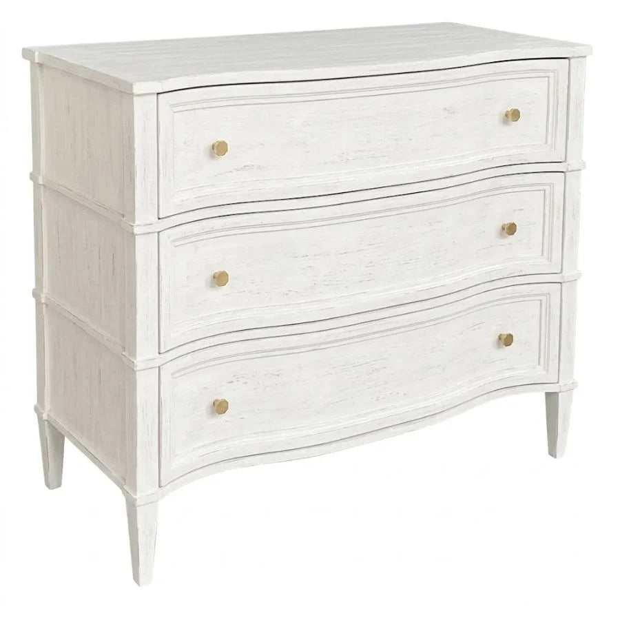 White French country dresser with curved drawers and gold knobs, shabby chic style furniture