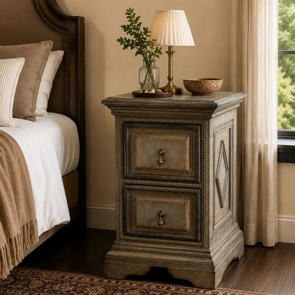 French country style grey weathered wood nightstand with two drawers and carved detailing.