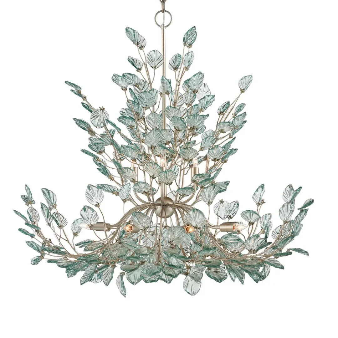 Elegant leaf-inspired chandelier with sea glass accents, perfect for coastal or boho farmhouse decor
