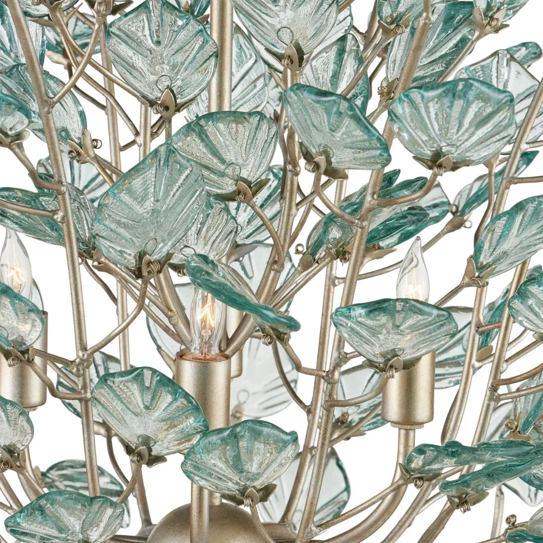 Aquamarine Silver Leaf Recycled-Glass Chandelier