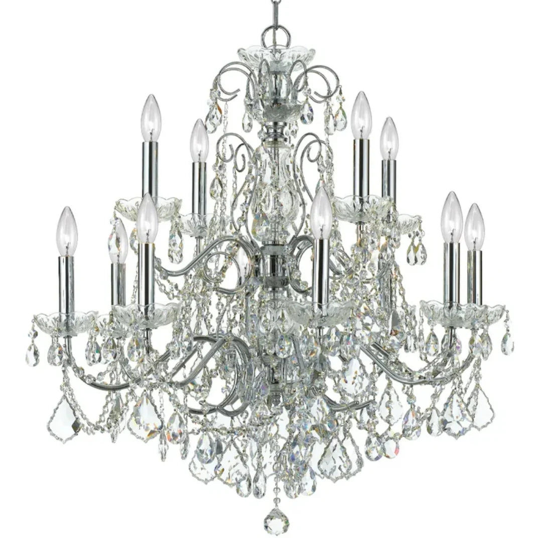 Elegant silver crystal chandelier with candle-style lights in a French country style.