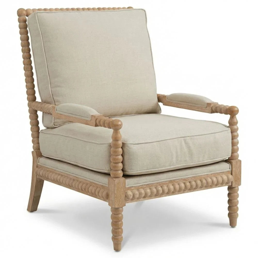 French country armchair with turned wood legs and beige linen upholstery, perfect for shabby chic or farmhouse decor