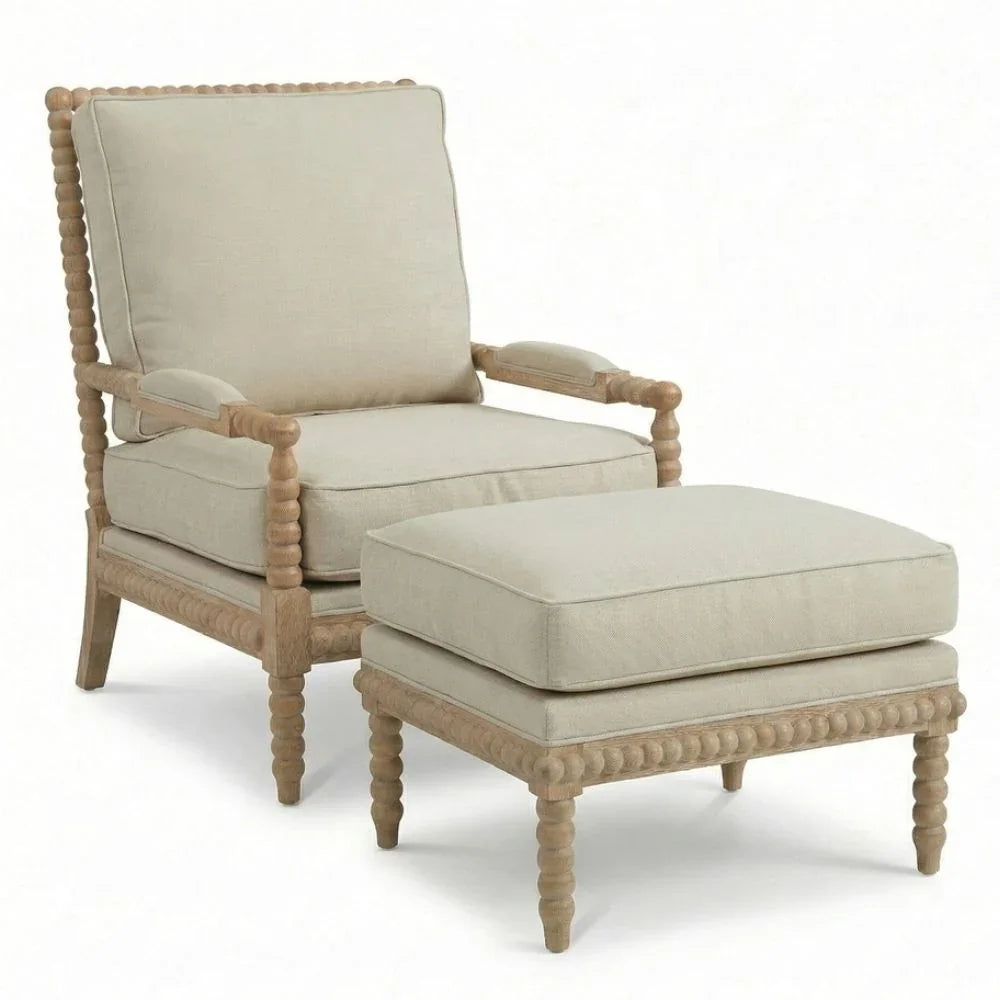 French country armchair with matching ottoman, natural wood spindle legs, shabby chic style seating