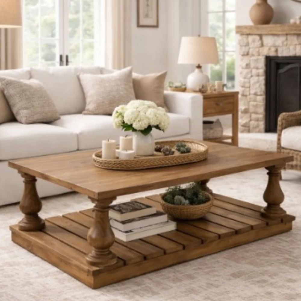 Rustic farmhouse wooden coffee table with bottom shelf and turned legs in a living room.