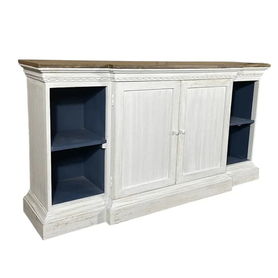 White farmhouse style sideboard with wooden top, blue open shelves, and center cabinet doors.