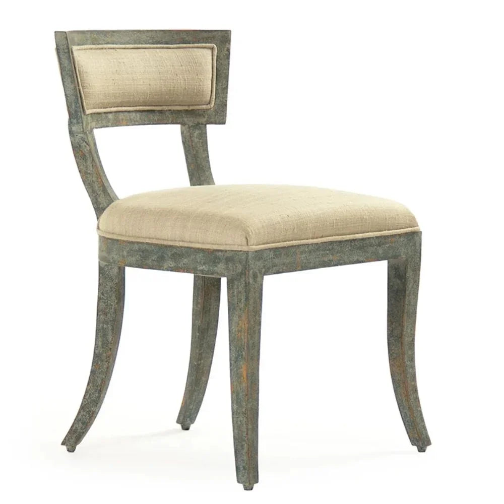 French country dining chair with distressed green frame and beige linen upholstery