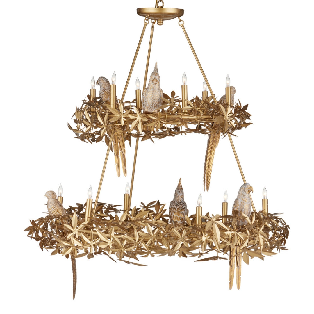 Swedish Gold Botanical Bird Chandelier