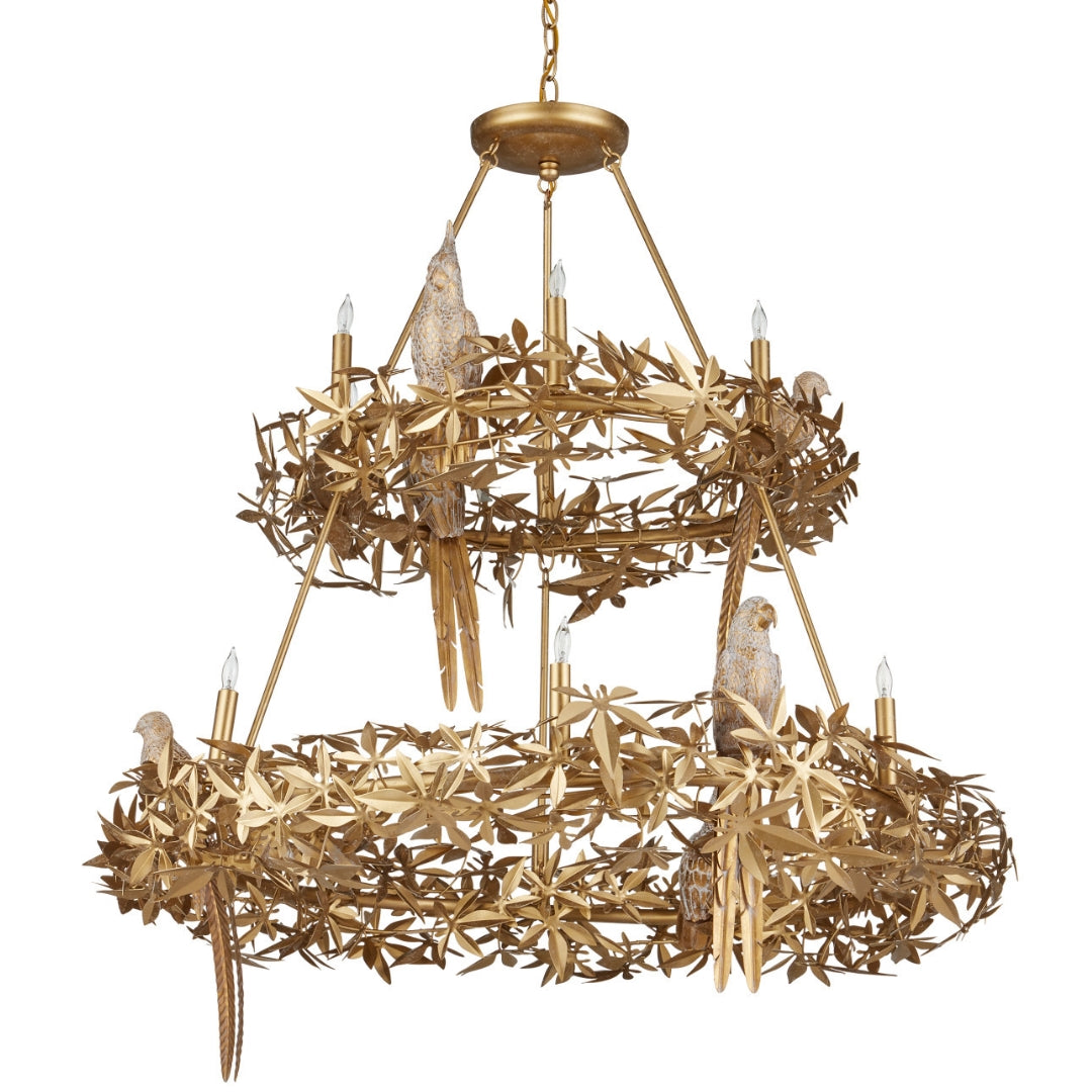 Swedish Gold Botanical Bird Chandelier