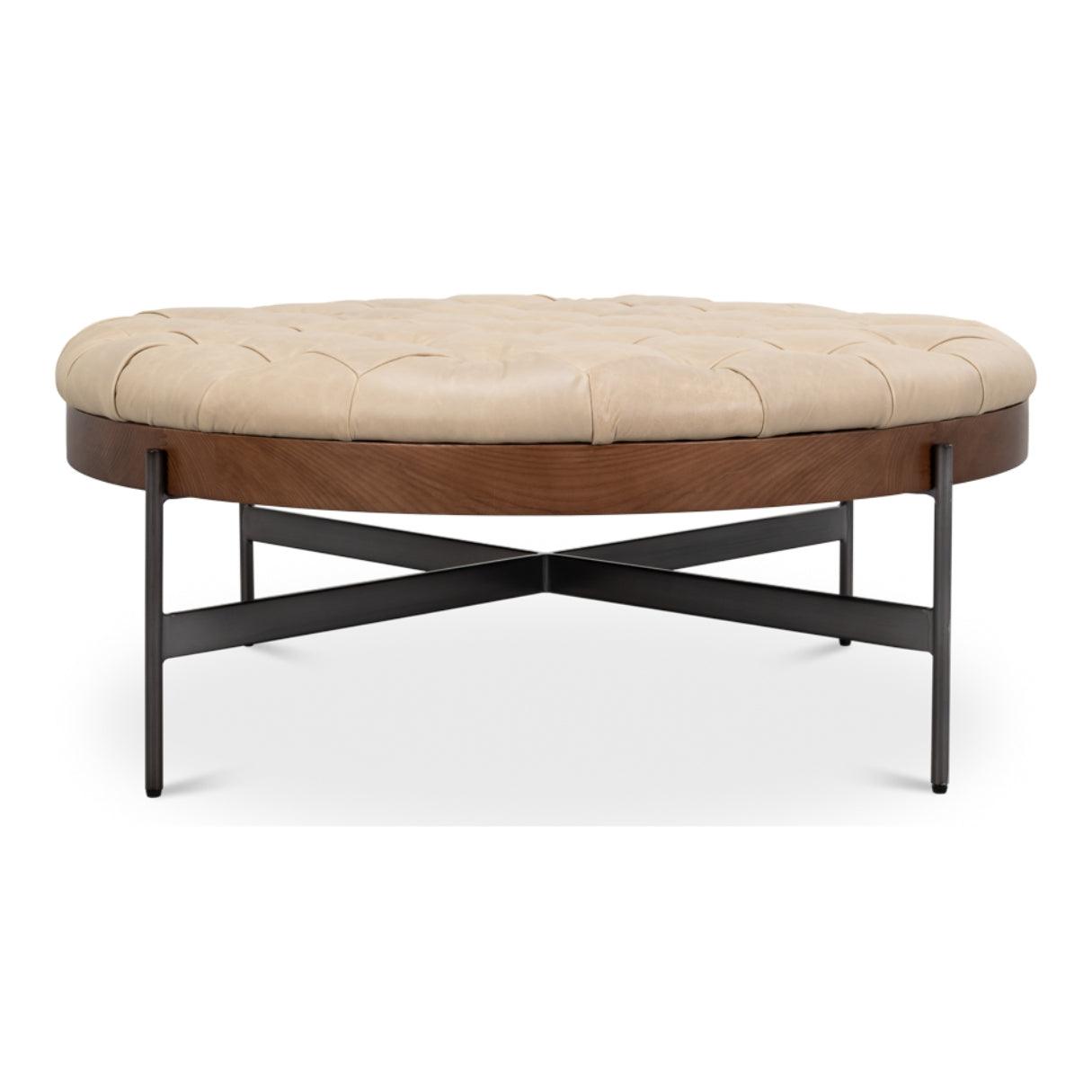 Rustic Top Grain Leather Tufted Ottoman