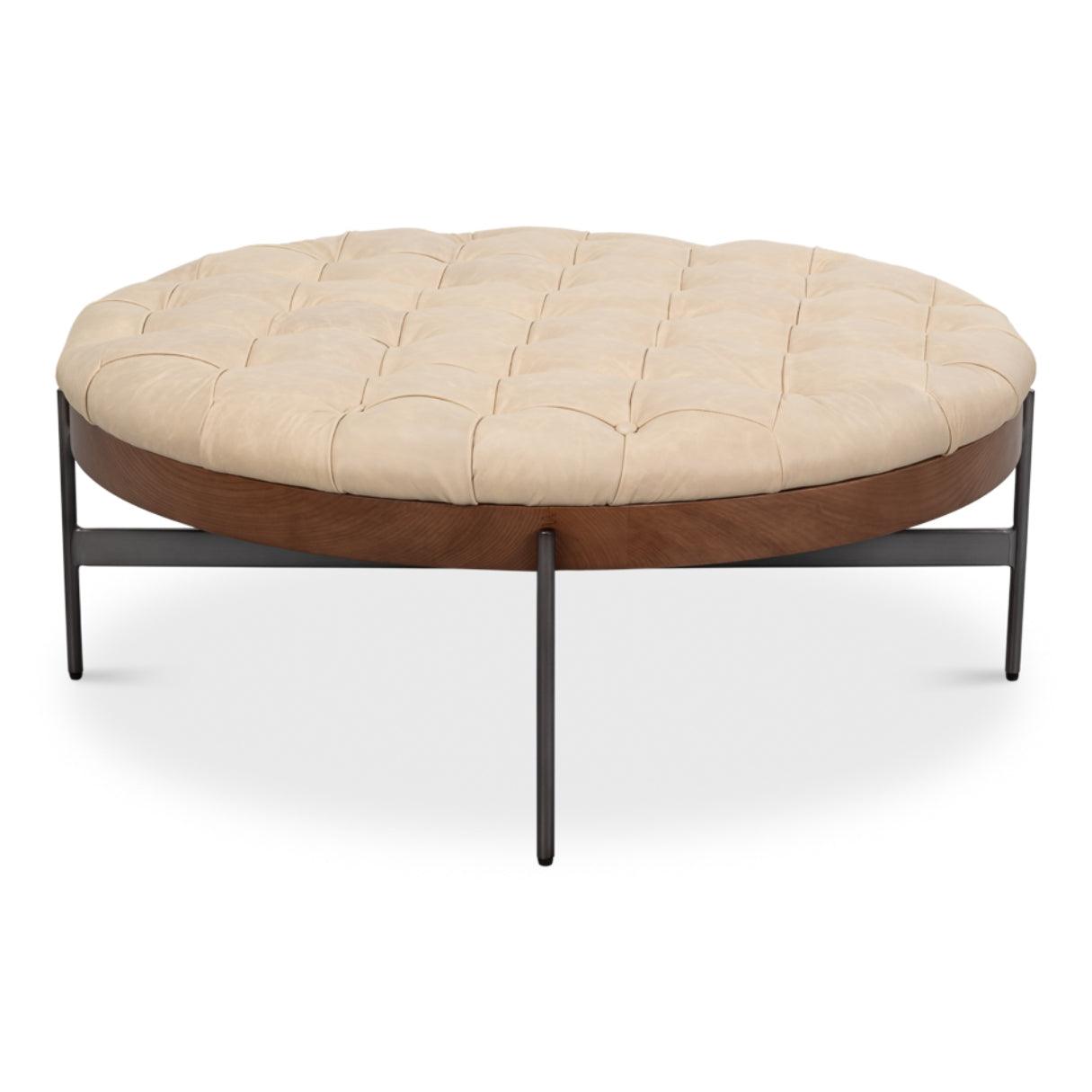 Rustic Top Grain Leather Tufted Ottoman