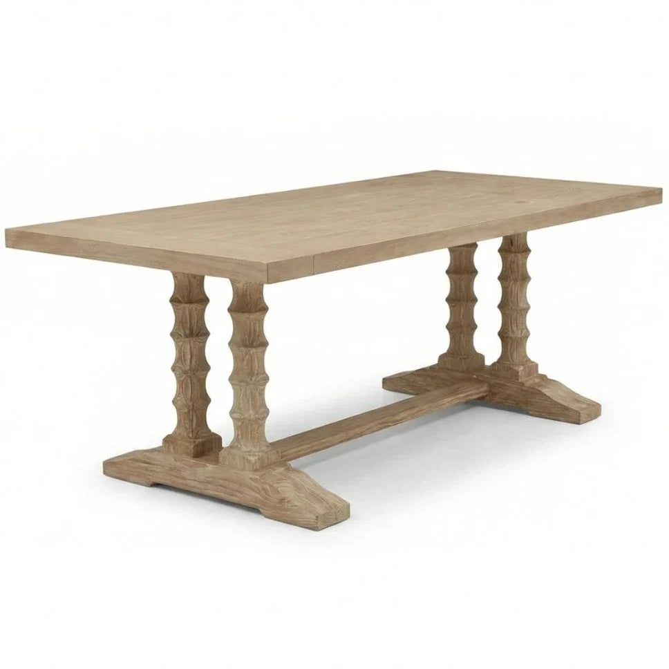 Rustic farmhouse dining table with carved trestle legs, natural wood finish, shabby chic style