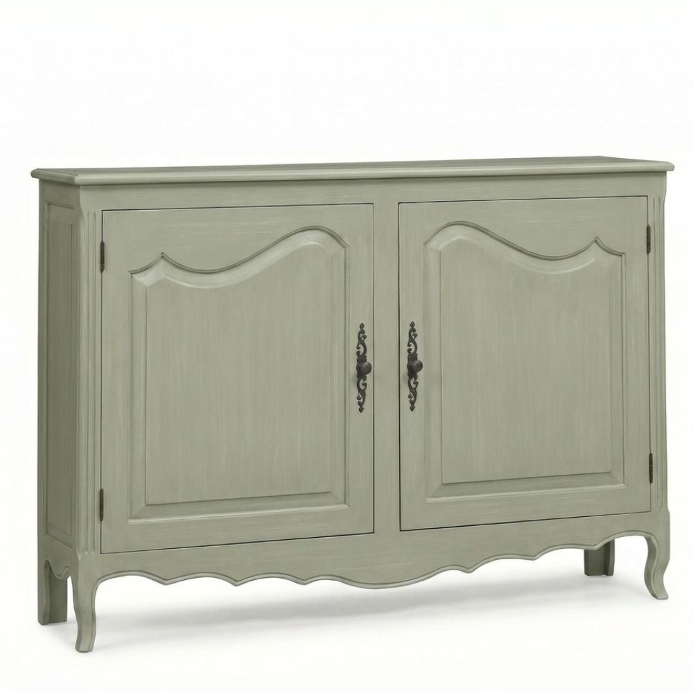 Sage green French country style two-door storage cabinet with scalloped apron and curved legs.