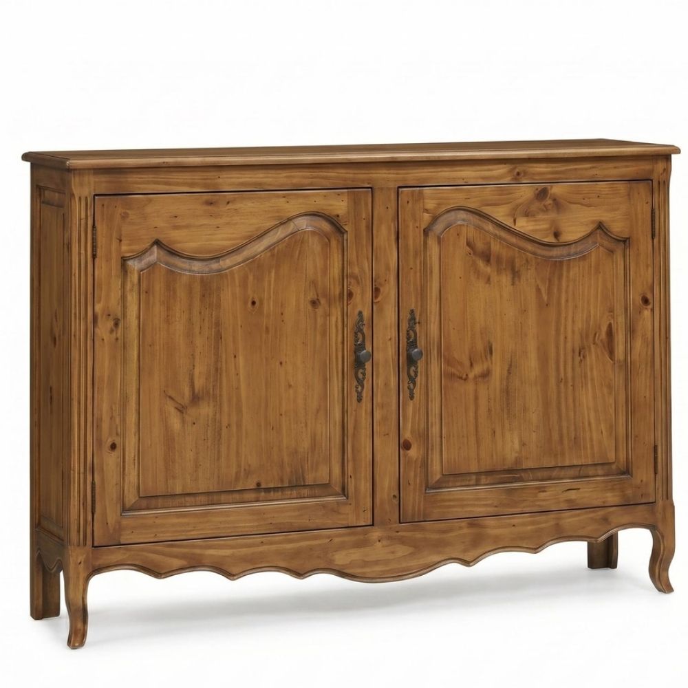 Rustic honey-brown French country wooden sideboard with curved door panels and ornate legs.
