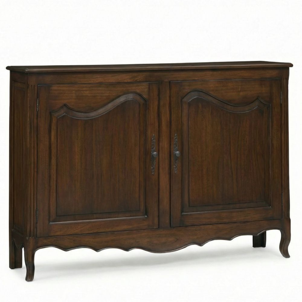 French country style dark brown wood two-door storage cabinet with curved panel detailing.