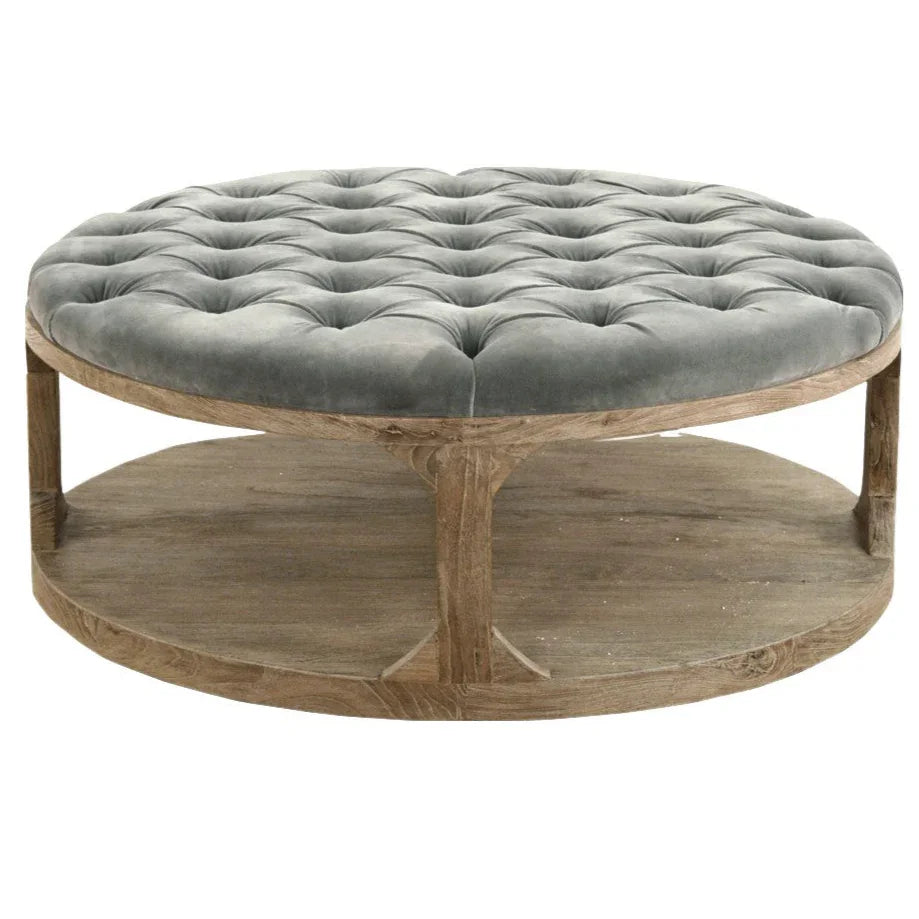 Tufted Gray Velvet Wooden Ottoman