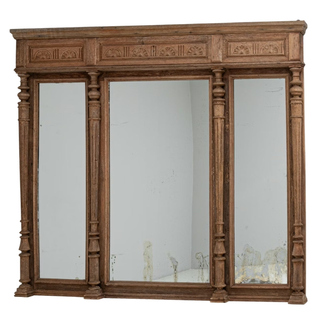 Turned Columns Antique French Three Panel Oak Mirror, Circa 1900