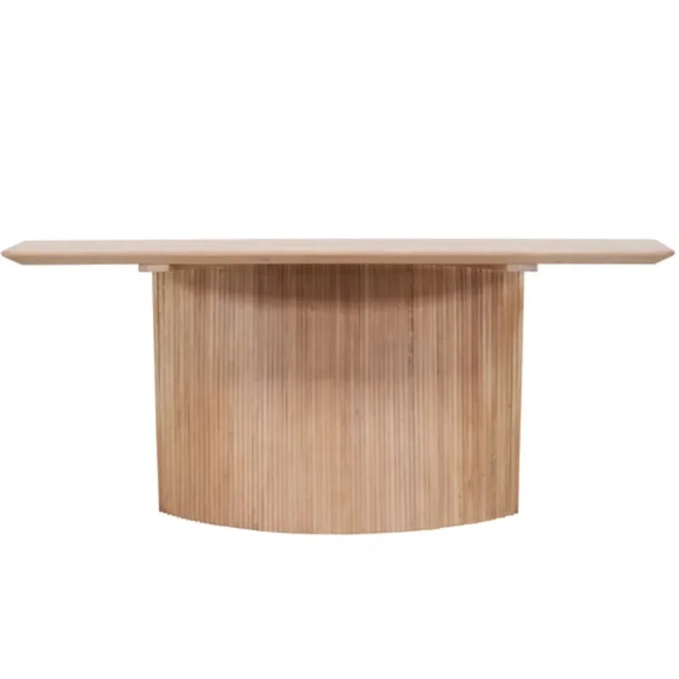 Natural light wood fluted base console table in a modern boho style.