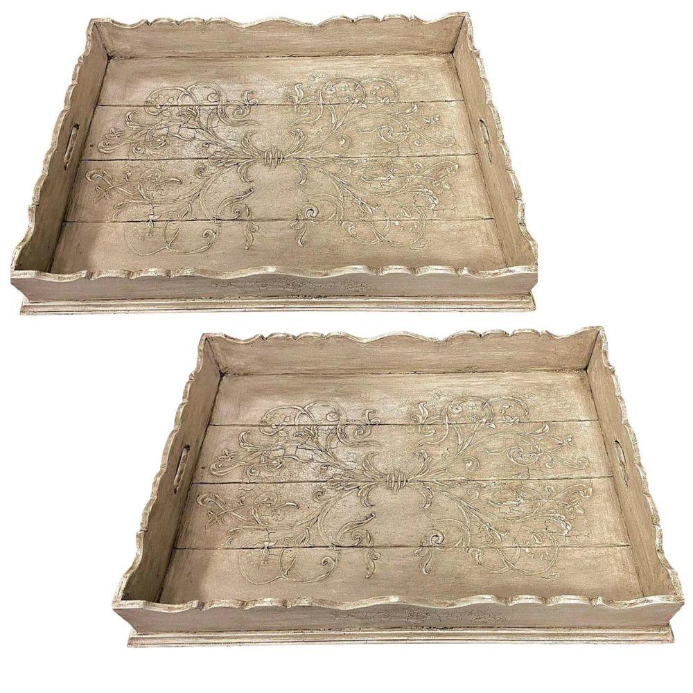 Charlotte Painted Scroll Wood Trays - Set of 2