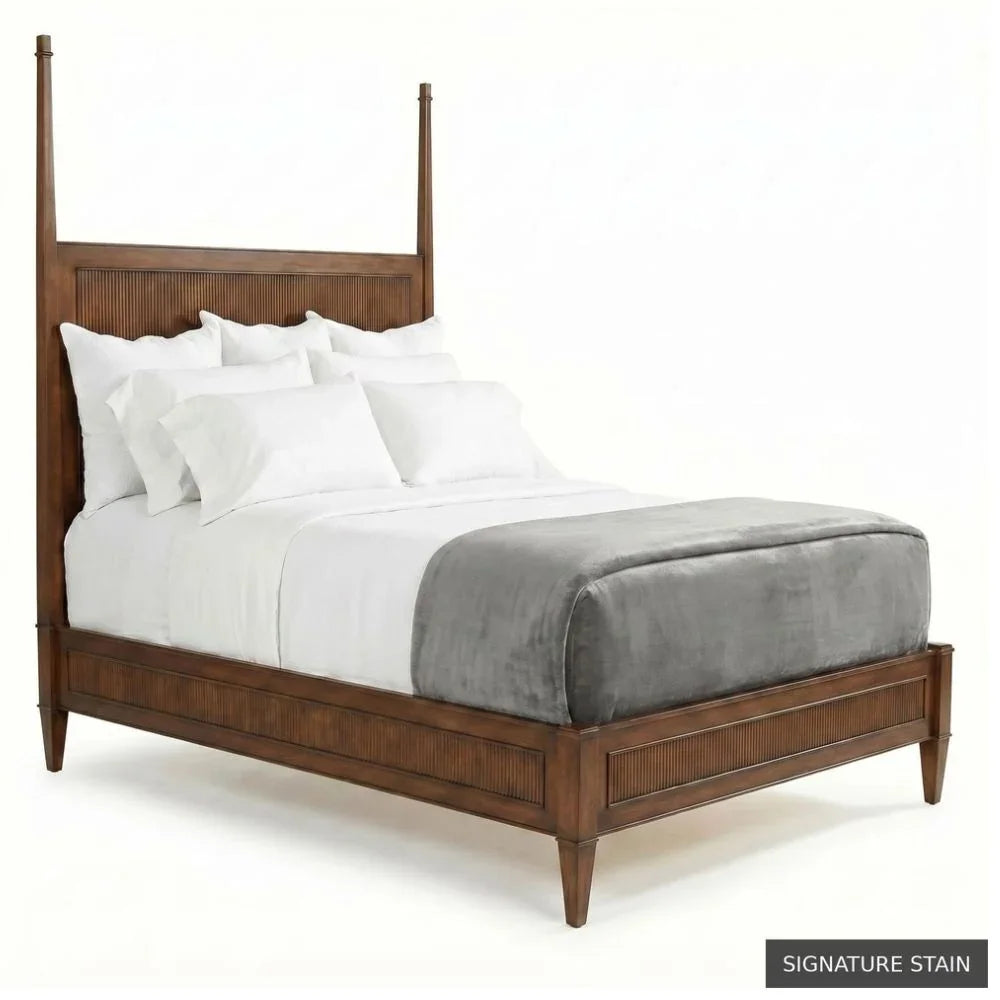 Signature Stain wooden four-poster bed with white bedding and grey throw in farmhouse style.