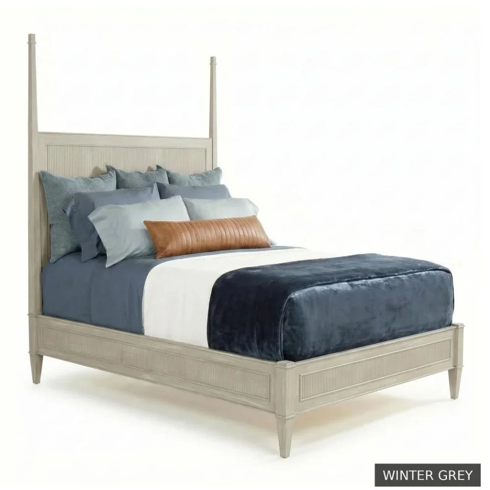 Winter Grey four-poster bed in a French country style with blue and brown bedding.