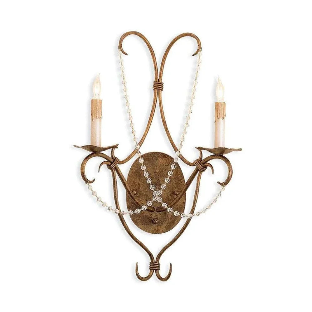 Elegant French country wall sconce with crystal beads and candle-style bulbs, perfect for shabby chic or farmhouse decor
