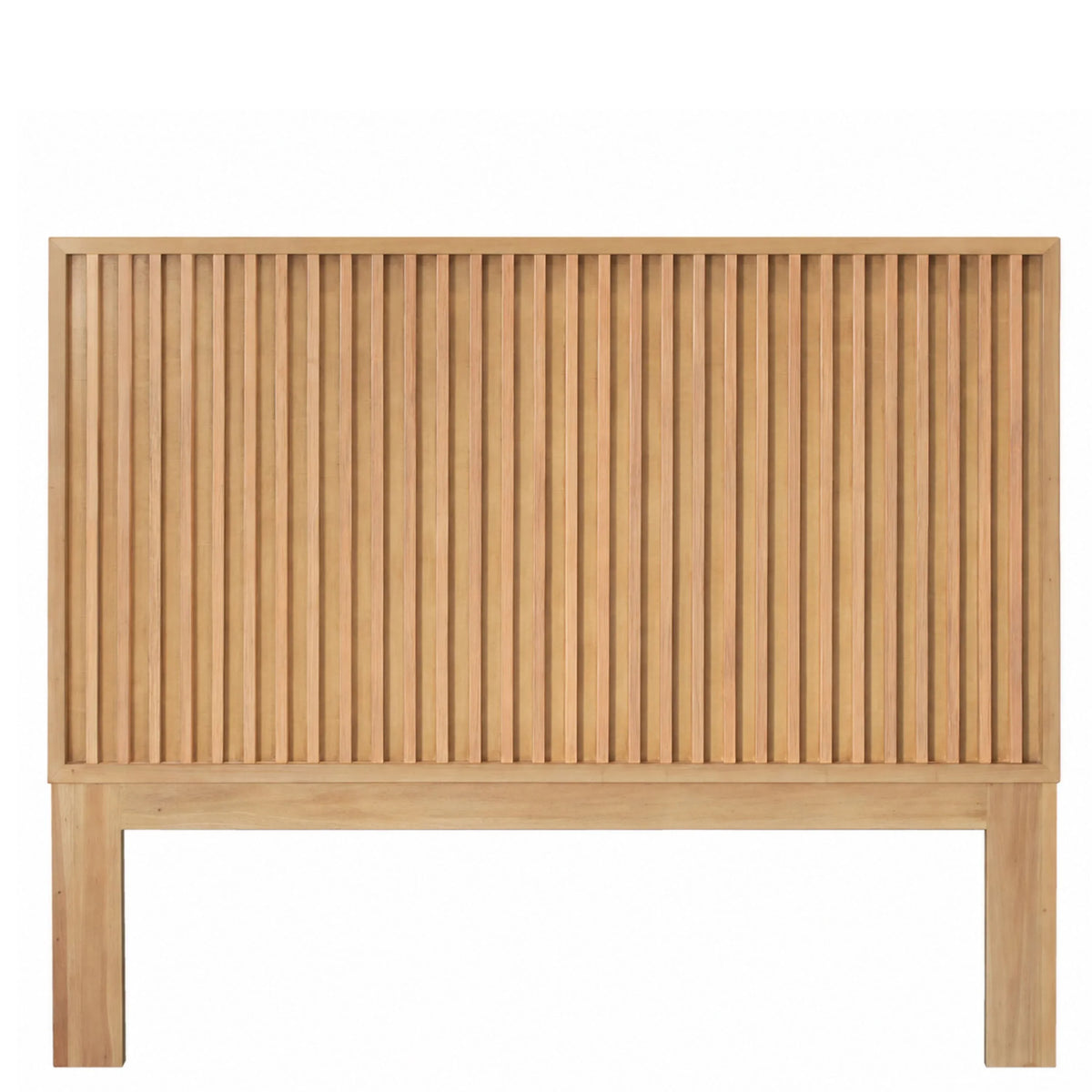 Natural wood slatted headboard in a modern boho farmhouse style.