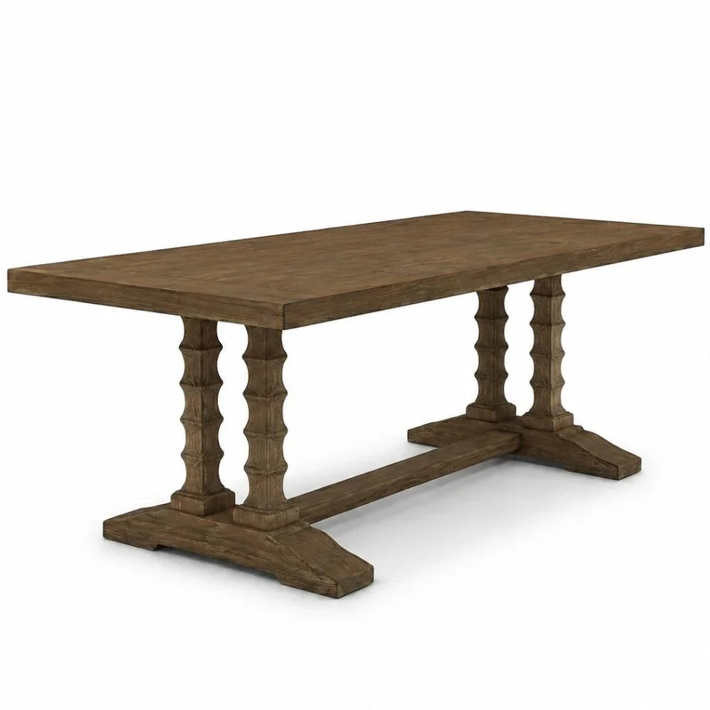 Rustic farmhouse dining table with carved trestle legs, natural wood finish, French country style