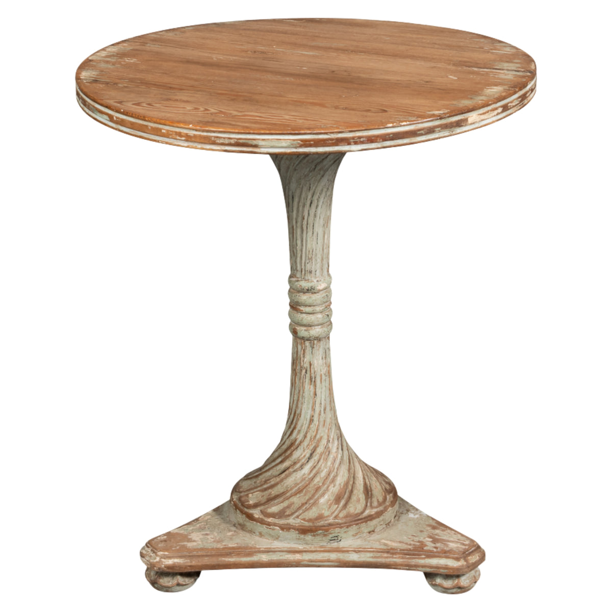 Rustic pine wood pedestal side table with a distressed whitewashed round top and fluted base, showcasing natural wood tones.