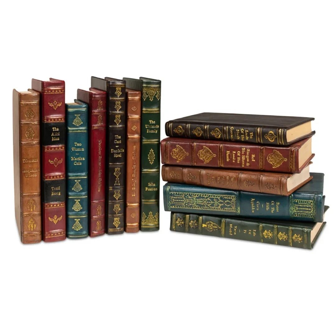 Vintage Hand-Bound Leather Books, Set of 12