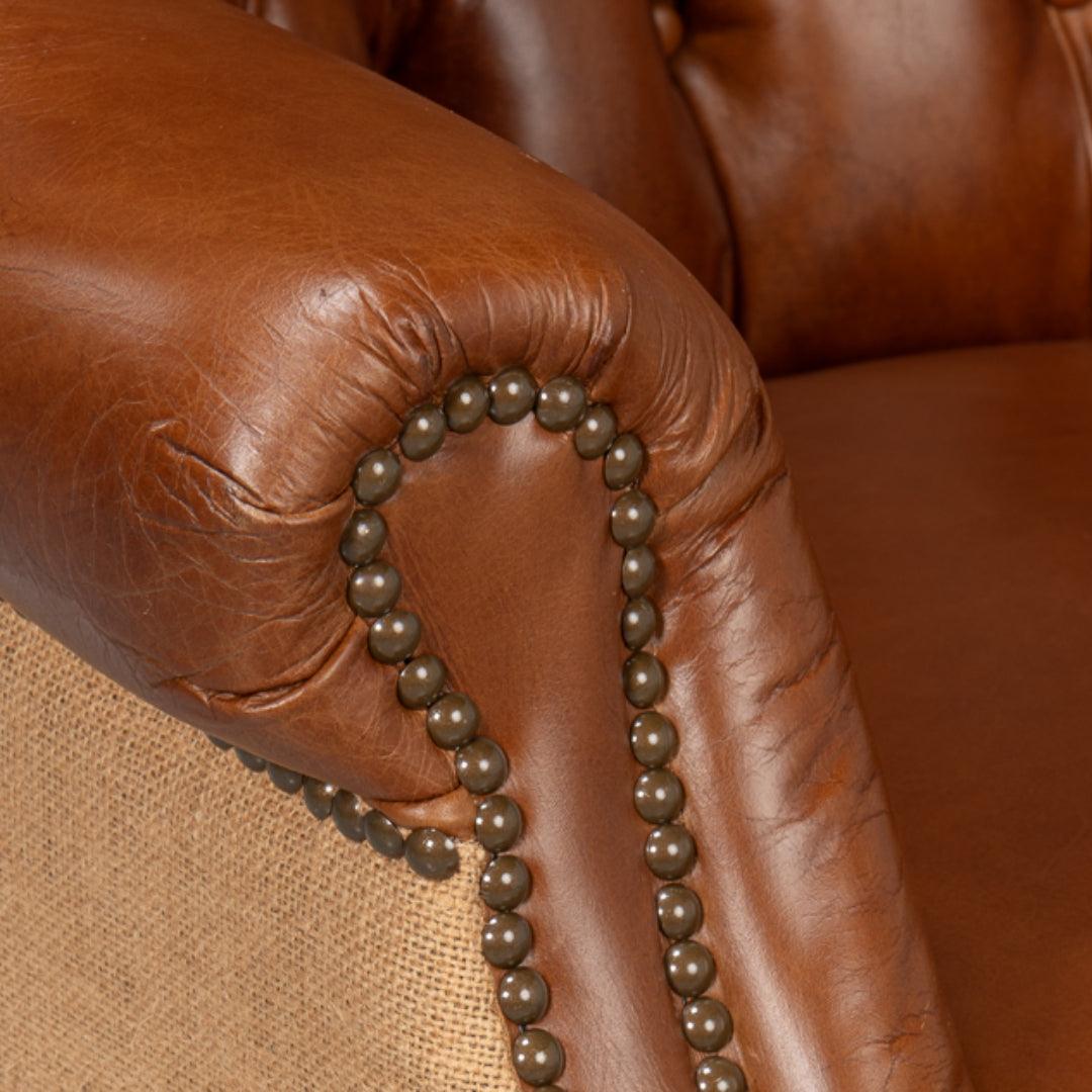 Vintage Tufted Havana Leather and Jute Armchair