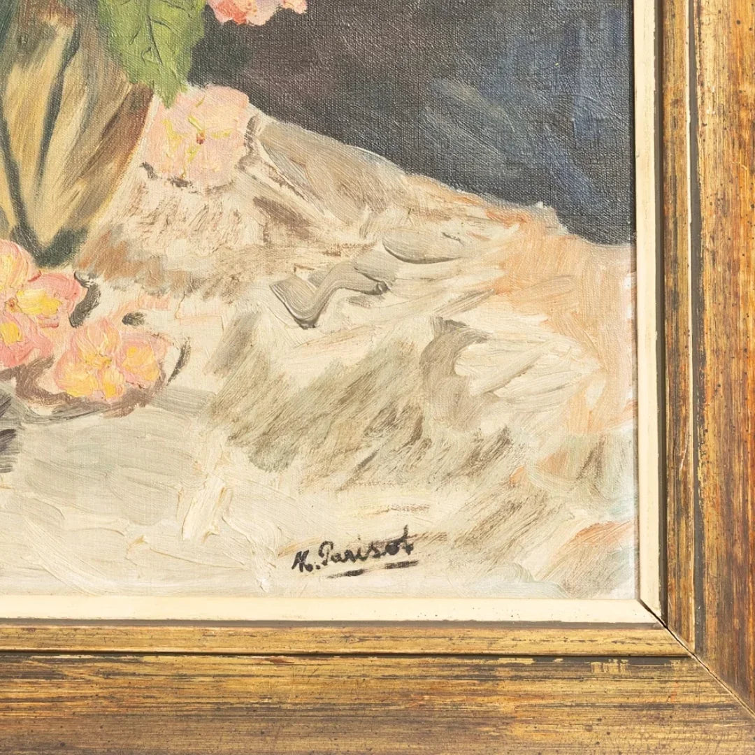 Vintage Pink Hydrangea Still Life Oil Painting Wall Art, Circa 1920