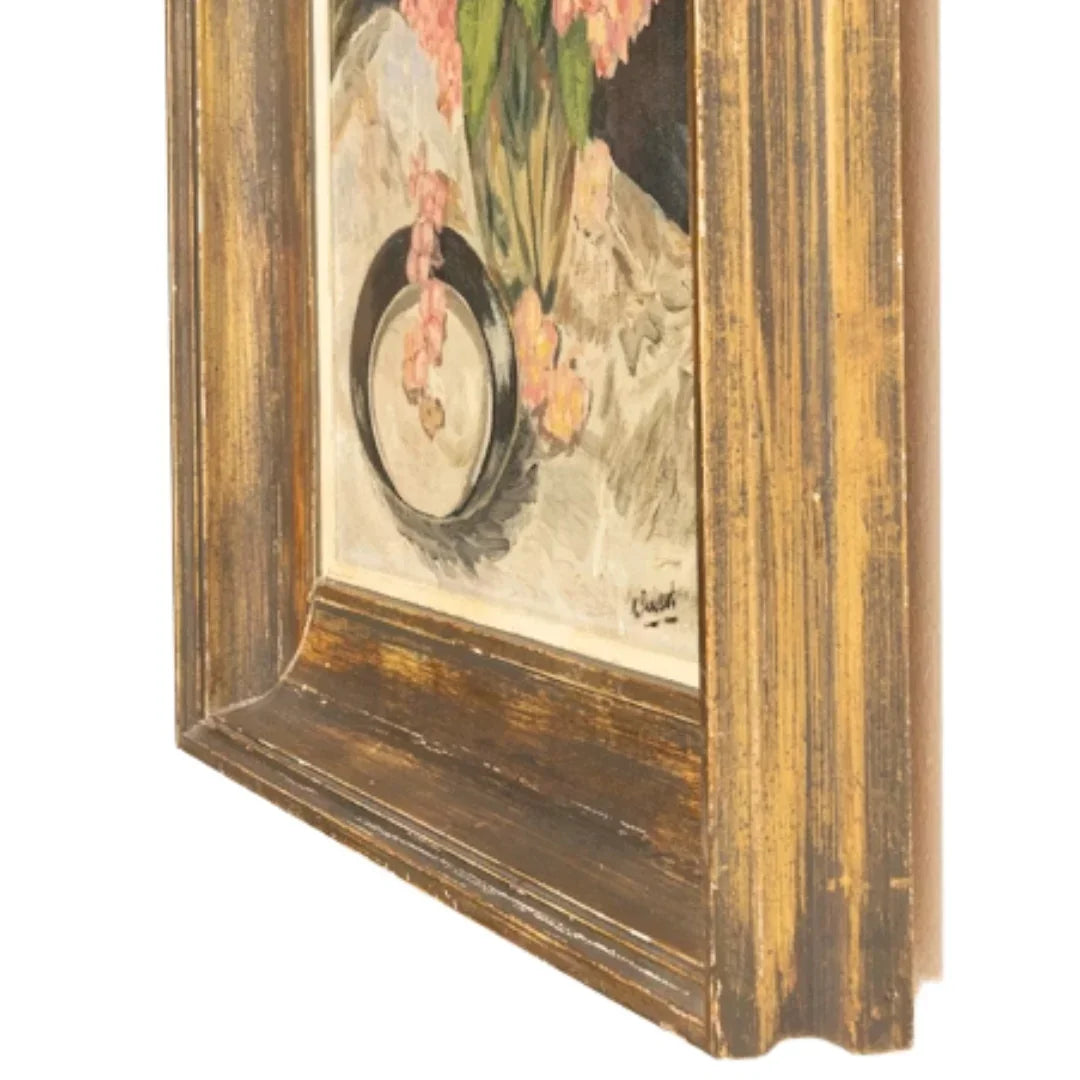 Vintage Pink Hydrangea Still Life Oil Painting Wall Art, Circa 1920