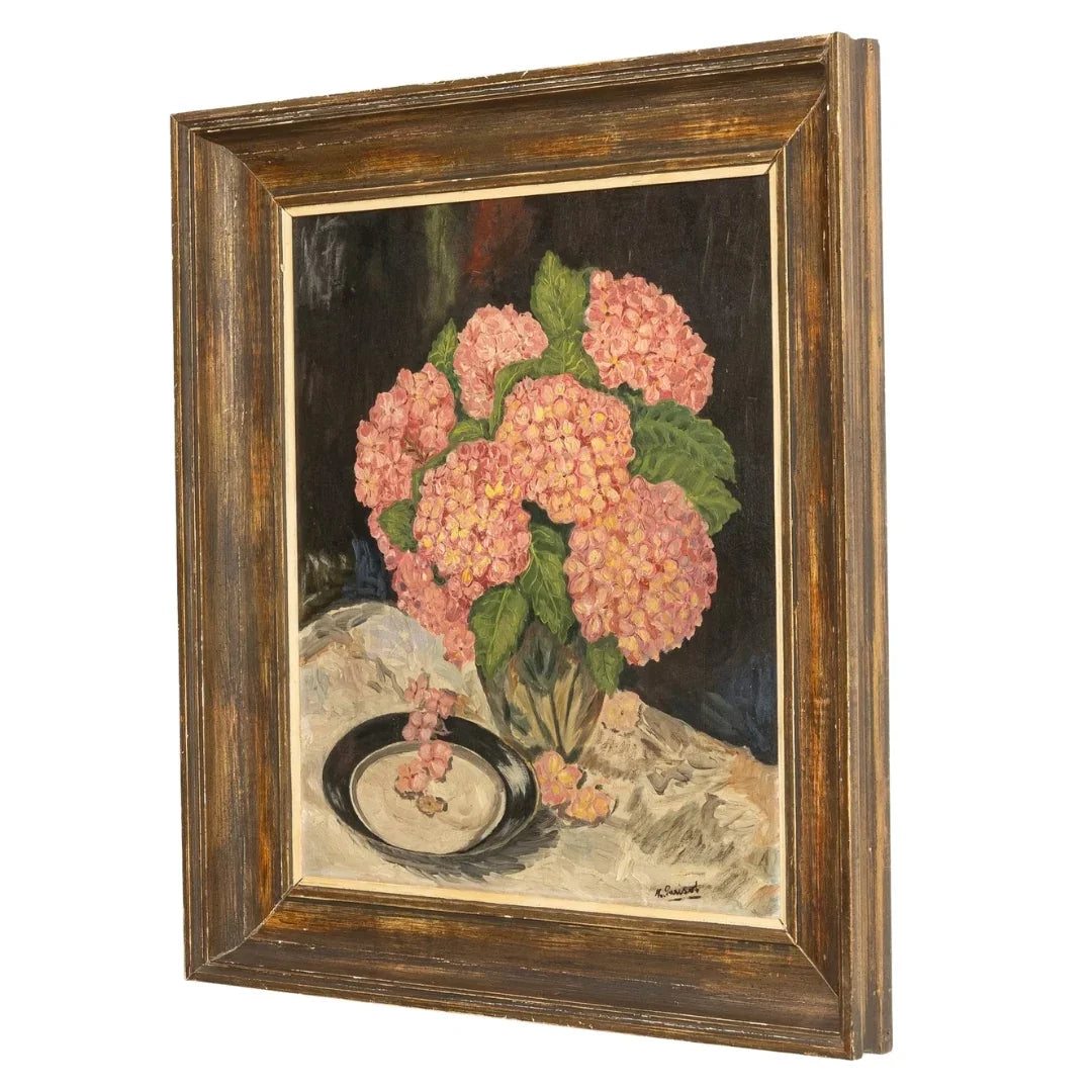Vintage Pink Hydrangea Still Life Oil Painting Wall Art, Circa 1920