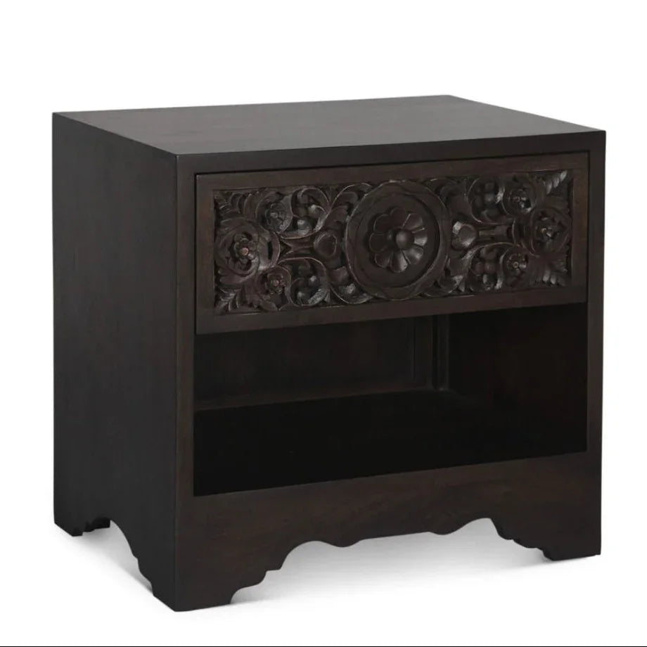Dark wood nightstand with floral carved drawer, open shelf, and scalloped base for French country or farmhouse decor