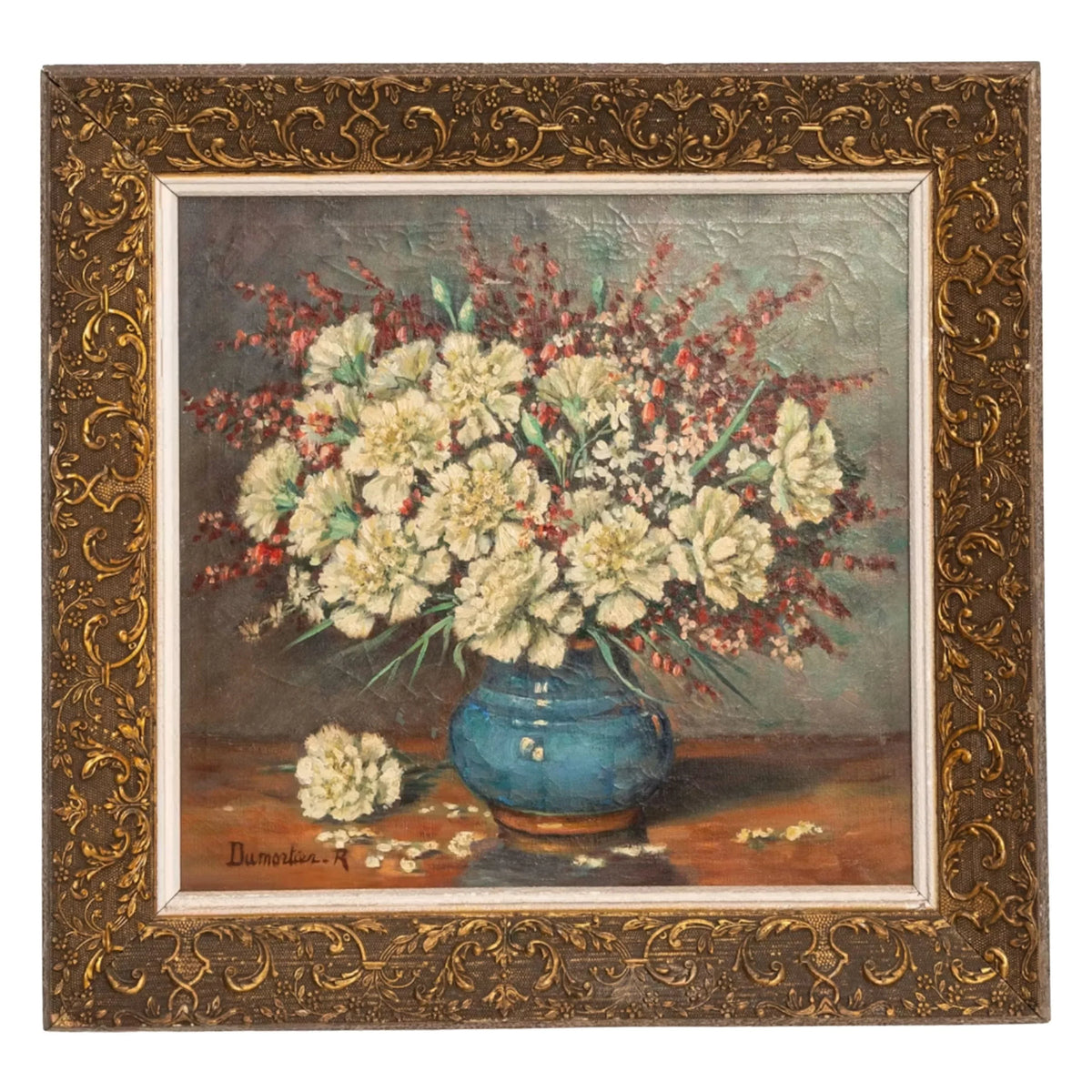 Framed oil painting of white carnations in a blue vase, French country antique style.