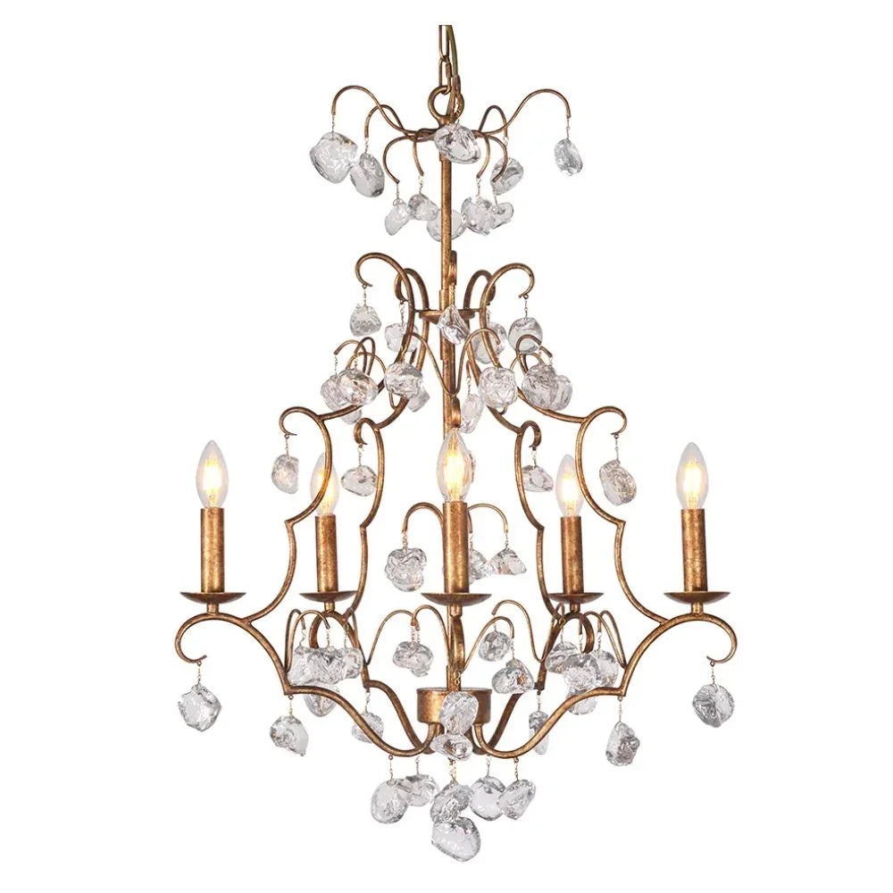 Elegant French country chandelier with gold finish and crystal accents, perfect for shabby chic or farmhouse decor