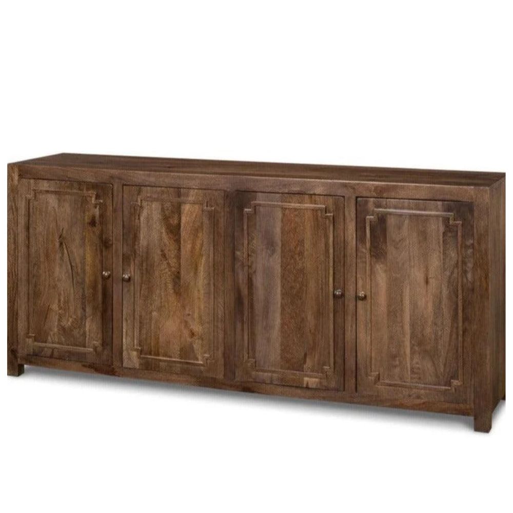 Rustic brown wood sideboard with four paneled doors in farmhouse style.